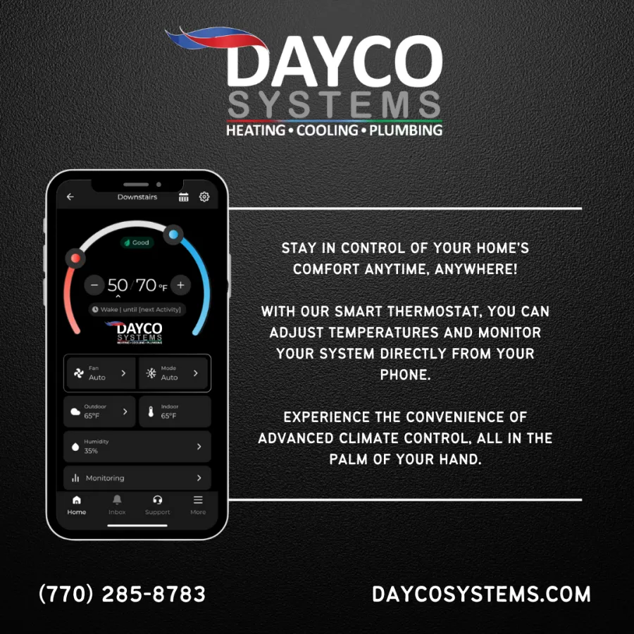 Dayco Systems smart thermostat app showing adjustable home temperature control on smartphone screen.