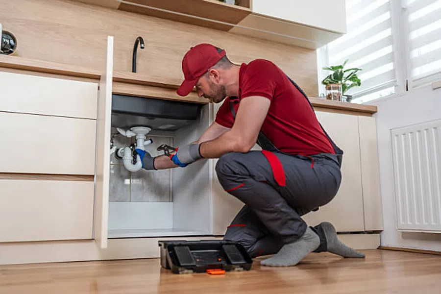 Plumber in red uniform fixing kitchen sink pipes with wrench, toolbox on wooden floor nearby in modern home.