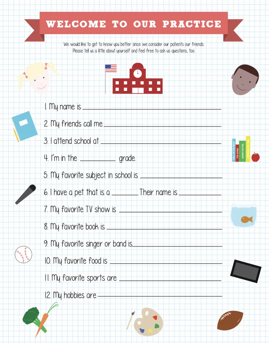 Welcome to our practice worksheet with school icons and prompts for kids to share about themselves.