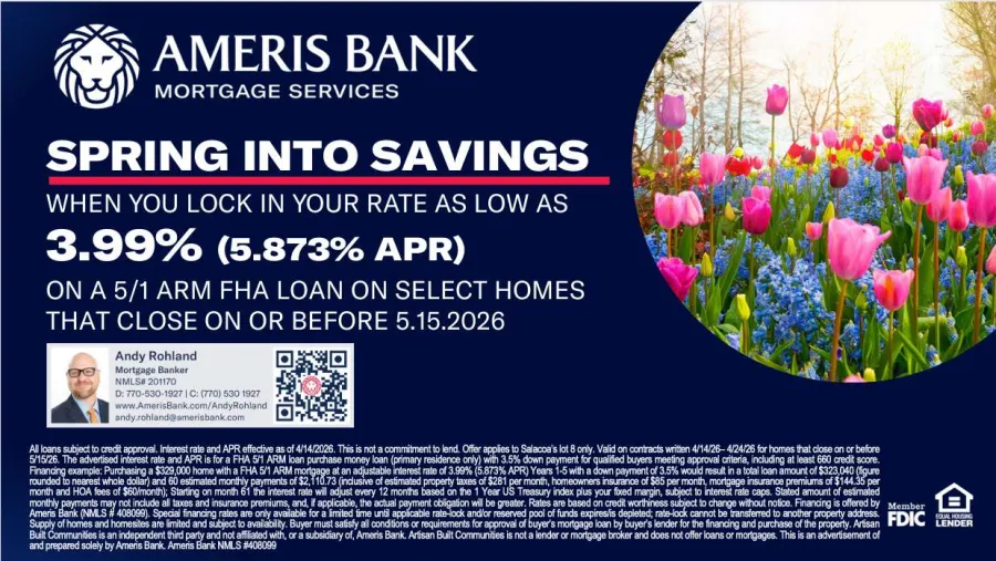 Ameris Bank Mortgage ad showing spring flowers and 3.99% APR loan offer for select homes closing by May 15, 2026.