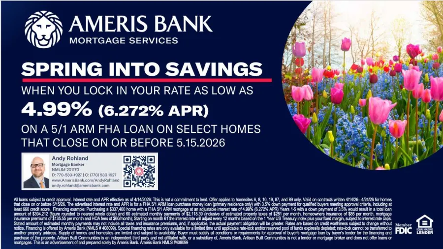 Ameris Bank Mortgage Services spring savings offer with 4.99% APR on a 5/1 ARM FHA loan and colorful spring flowers