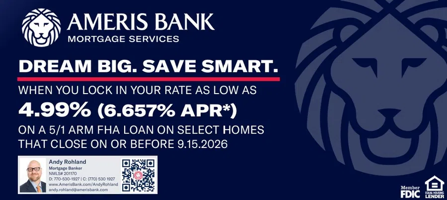 Ameris Bank Spring into Savings mortgage ad with colorful tulip flowers and low 4.99% ARM rate offer.