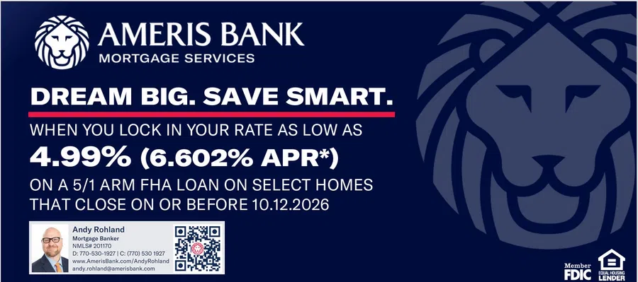 Ameris Bank mortgage ad with 4.99% APR offer, contact info, and blue lion logo on navy background.