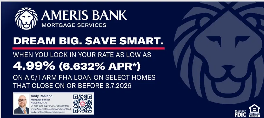 Ameris Bank mortgage ad with lion logo, offering 4.99% rate on 5/1 ARM FHA loans for select homes closing by 8.7.2026.