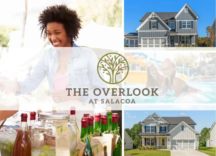 The Overlook at Salacoa welcoming scene with smiling woman, beverages, swimming pool, and two modern houses under blue sky
