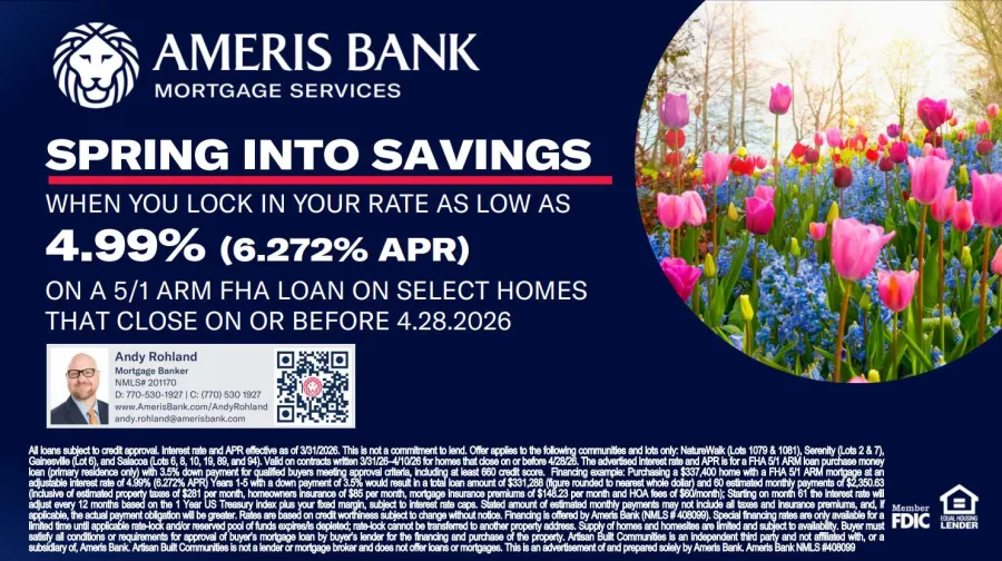 Ameris Bank Spring into Savings mortgage ad with colorful tulip flowers and low 4.99% ARM rate offer.