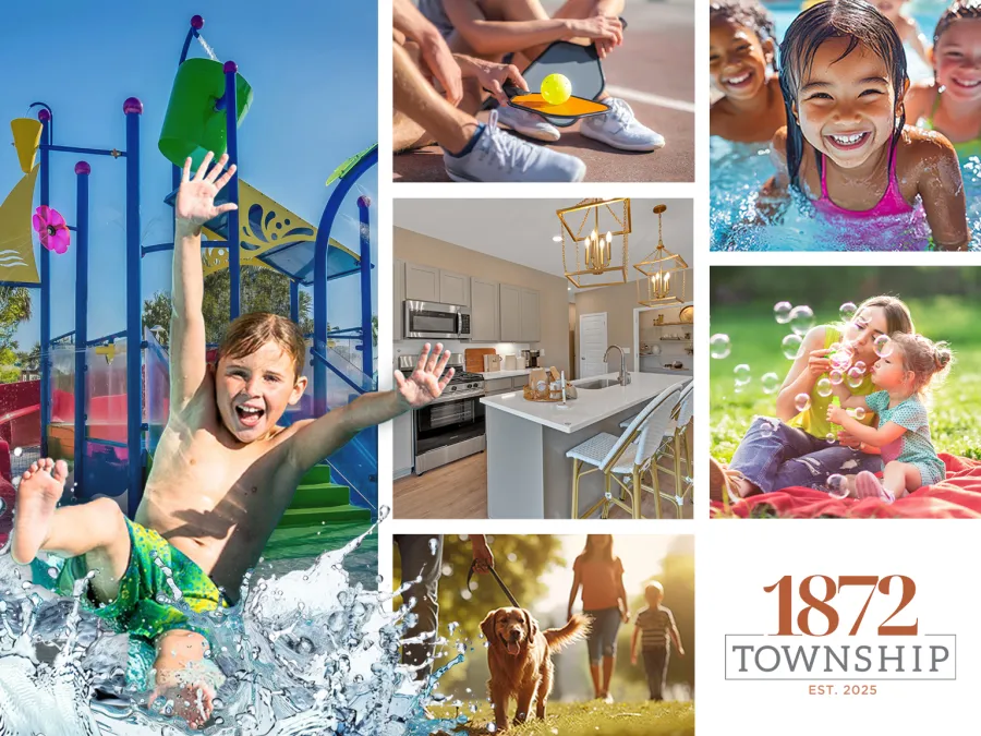 Collage of family fun with kids playing water park, ping pong, swimming, kitchen, outdoor bubbles, dog walk, and 1872 Township logo