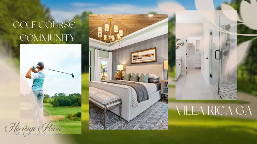 Golf course community in Villa Rica GA featuring a golfer, elegant bedroom, and modern bathroom interior.