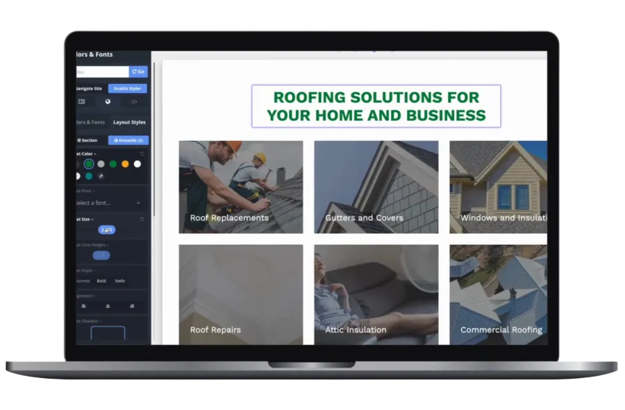 Laptop screen showing roofing solutions including roof replacements, gutters, windows, repairs, insulation, and commercial roofing.