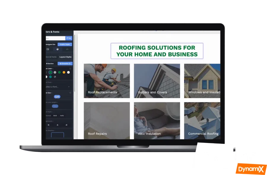 Laptop screen showing roofing solutions website with images for roof replacements, gutters, insulation, and commercial roofing.
