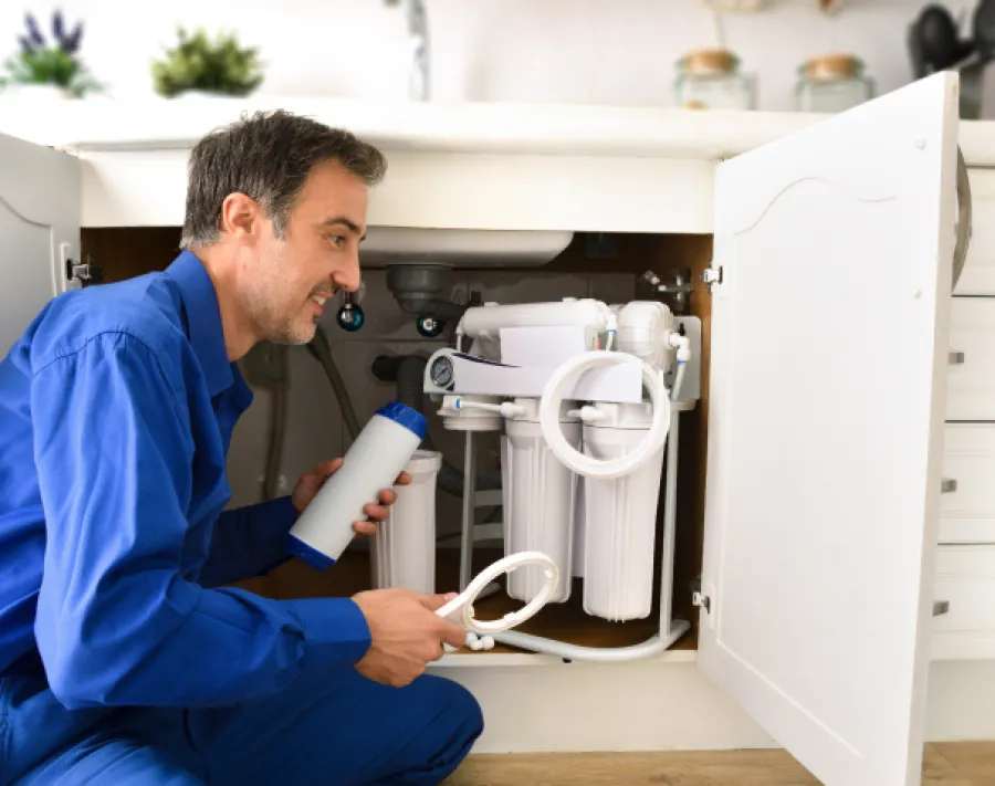 a man looking at a white machine