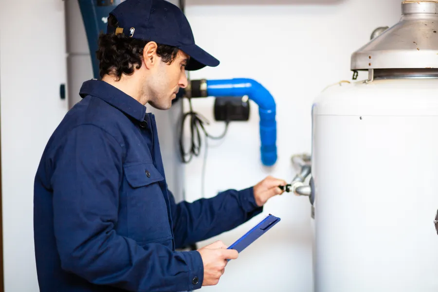 Technician inspecting a boiler system, holding a clipboard in a mechanical room with industrial pipes.