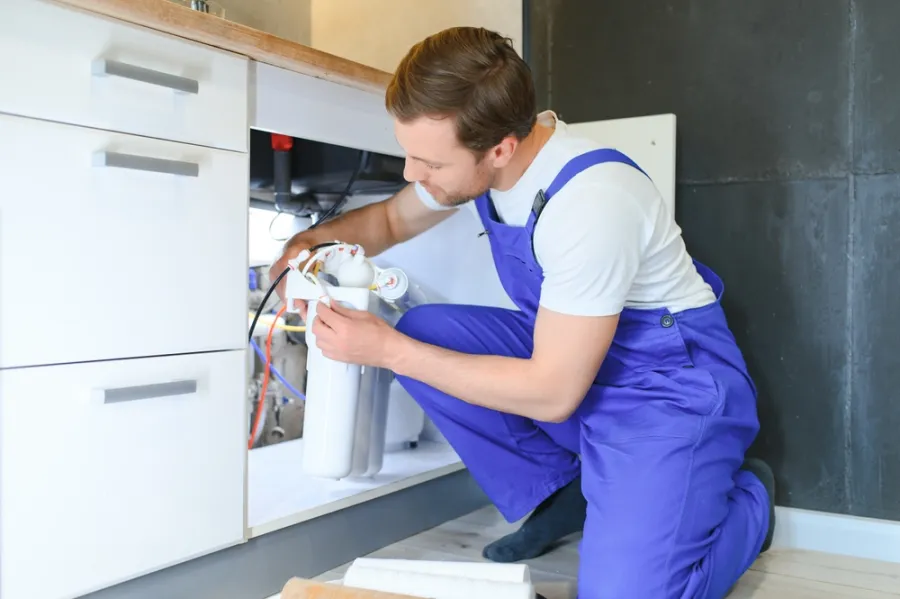 a person in a blue apron