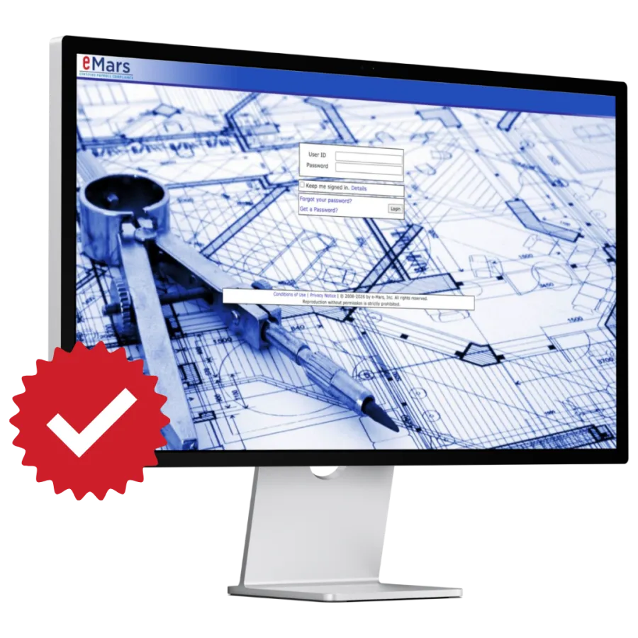 Computer screen displaying engineering blueprints with technical drawing tools and login interface.