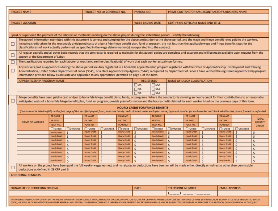 Certified payroll form template with sections for project, labor details, fringe benefits, and official signatures.