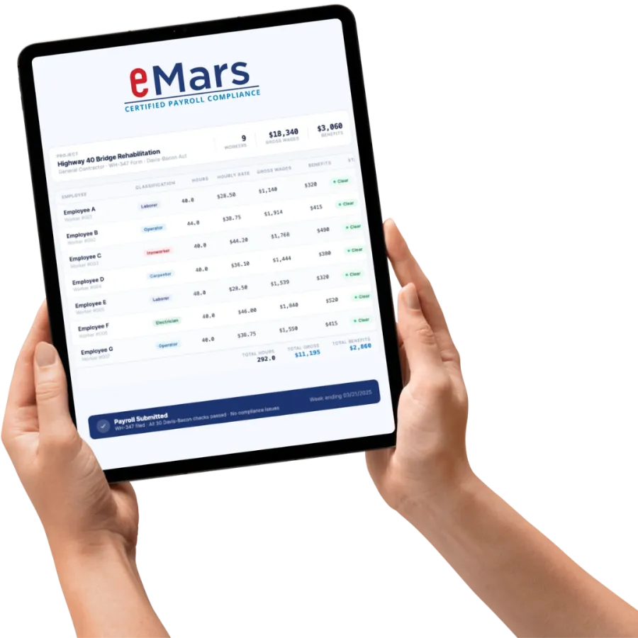 Hands holding tablet displaying eMars payroll compliance software with employee wages and classifications.