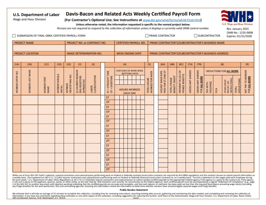 U.S. Department of Labor Davis-Bacon Weekly Certified Payroll Form WH-347 blank template with wage and work details.