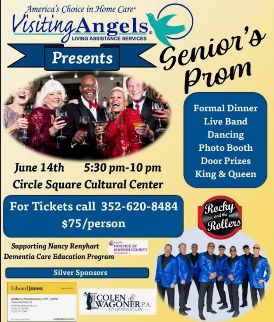 Senior's Prom event flyer by Visiting Angels featuring formal dinner, live band, dancing, photo booth, and prizes.