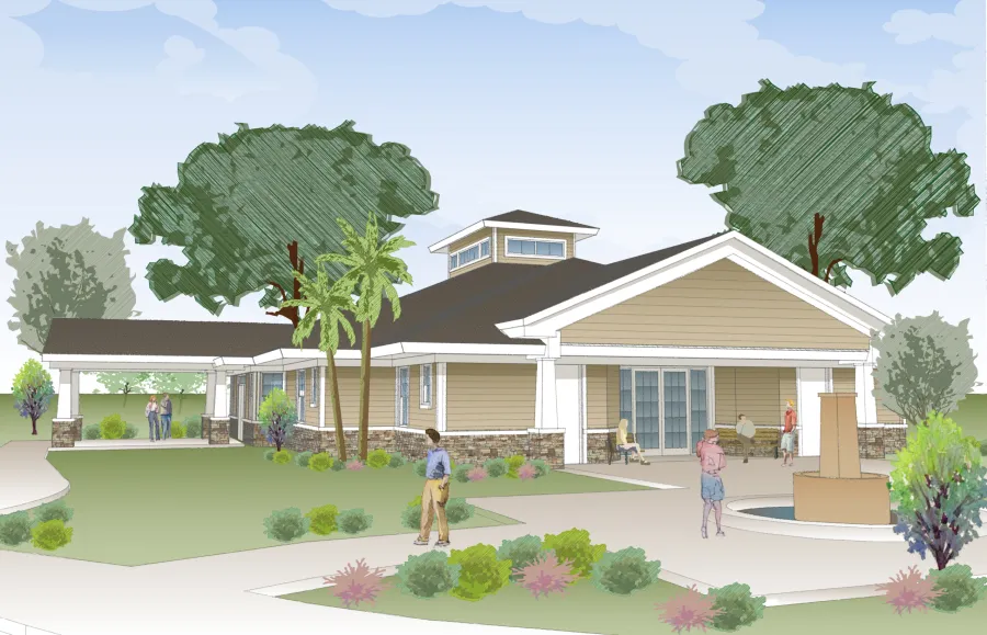 Rendering of a single-story community building with outdoor landscaping and people walking and sitting nearby