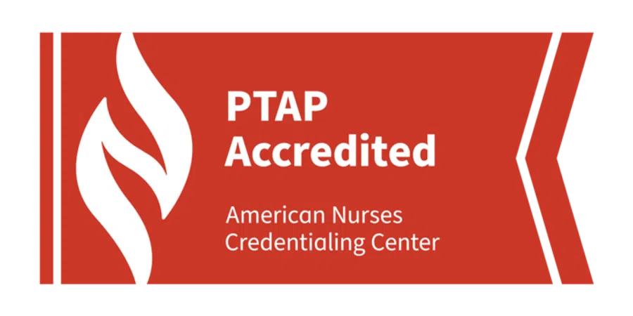 Red badge with white flame icon and text PTAP Accredited American Nurses Credentialing Center