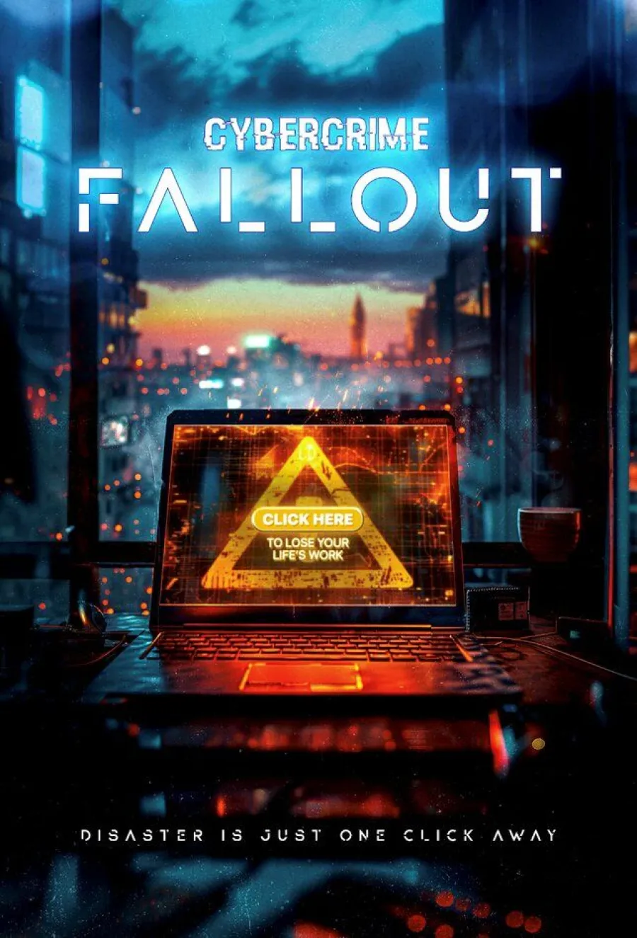 Laptop screen with warning sign and text about cybercrime fallout against a cityscape at dusk.