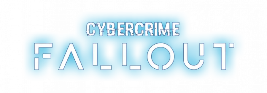 Cybercrime Fallout logo with glitch effect on text against blue background