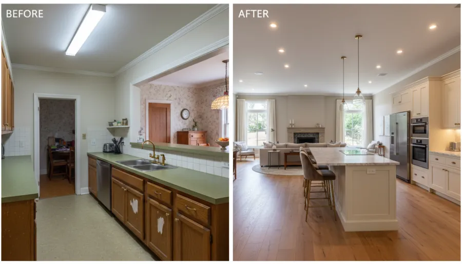 Before and after images showing a kitchen renovation with modern white cabinets and island replacing old wood cabinetry.
