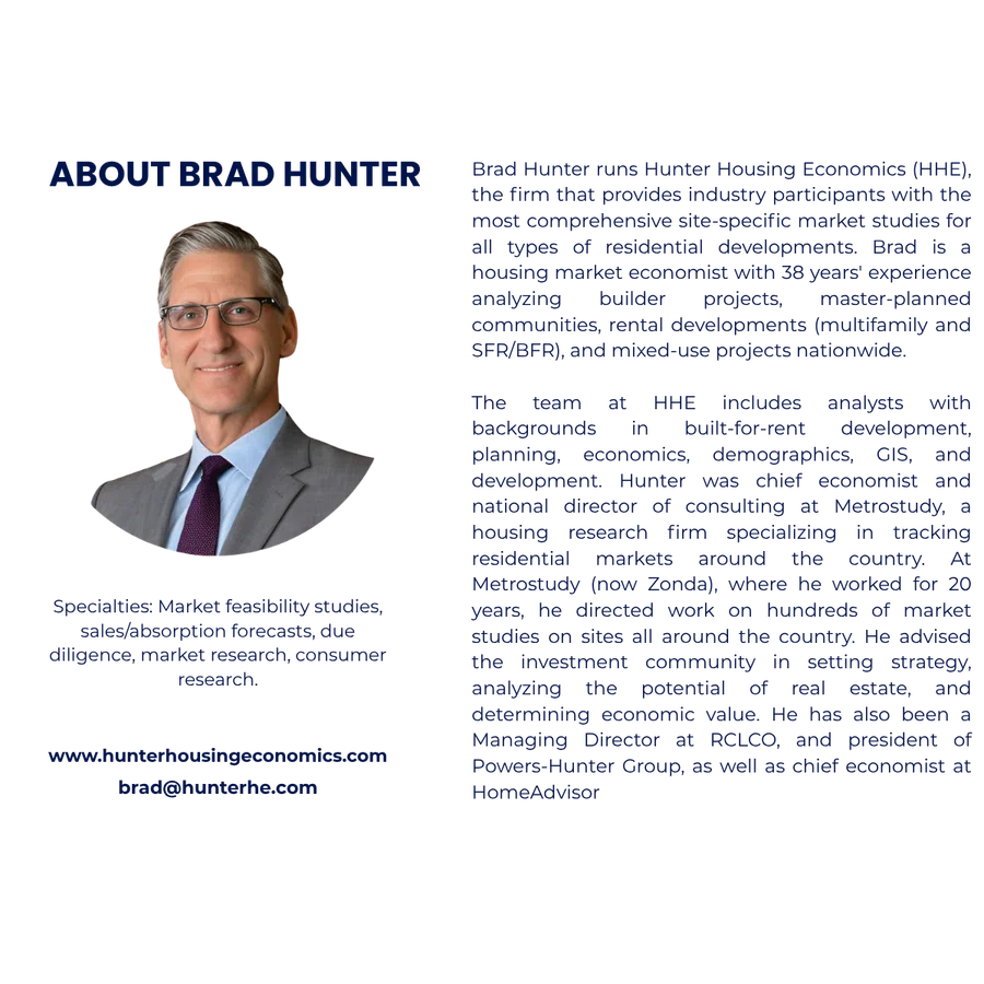 Professional portrait of Brad Hunter, housing market economist in a gray suit and glasses with a blue background.