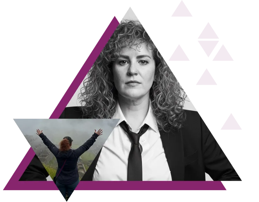 Collage with a confident woman in a suit and a person raising arms overlooking a foggy mountain landscape.