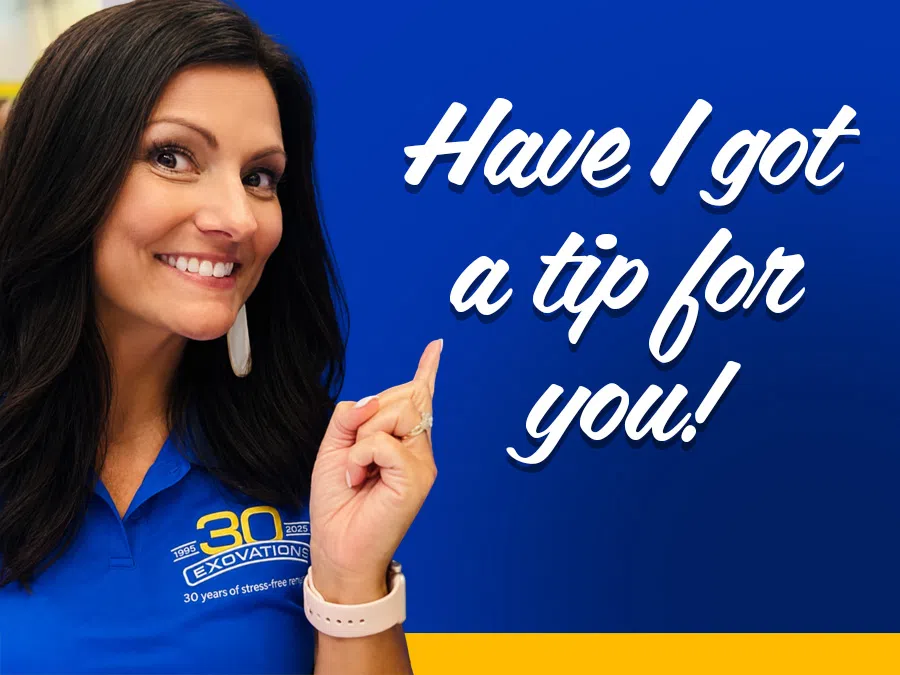 Smiling woman in blue shirt pointing with text Have I got a tip for you on blue and yellow background