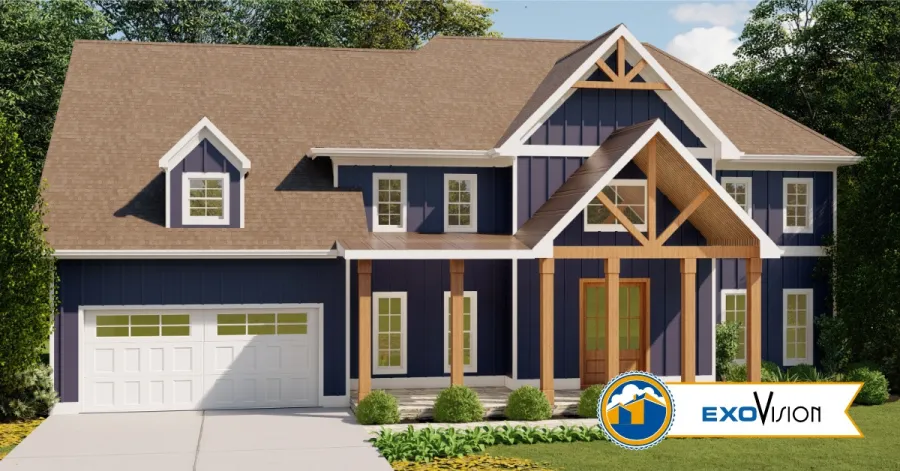Modern two-story house with navy blue siding, brown roof, and wooden porch columns on a sunny day
