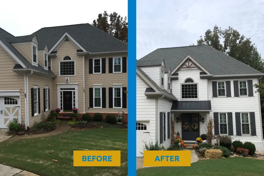 Side-by-side comparison of a house before and after exterior renovation, showcasing enhanced curb appeal.