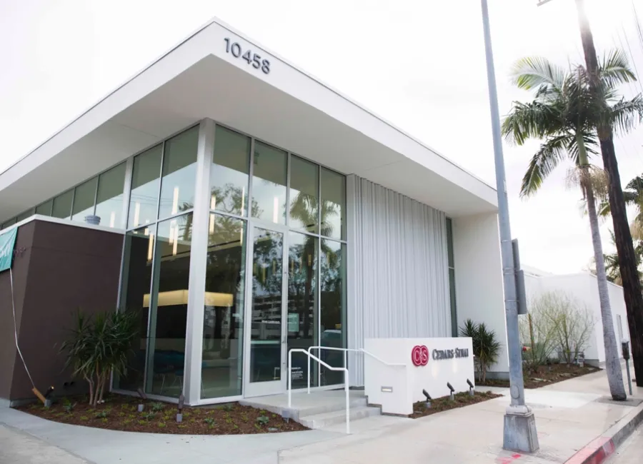 a building with glass doors
