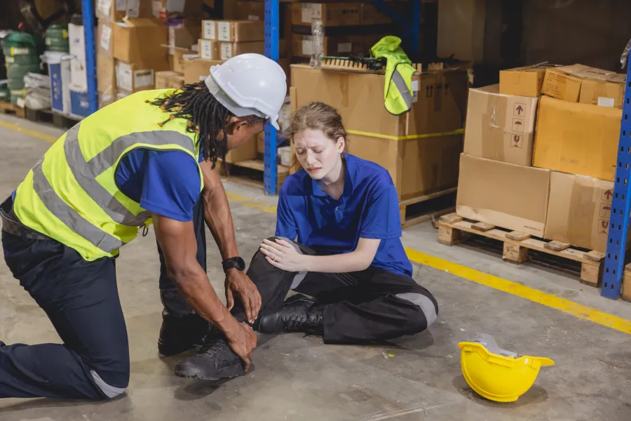 Warehouse worker helping injured colleague sitting on floor with yellow hard hat nearby and stacked boxes