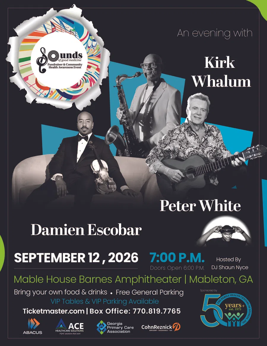 Event poster for Sounds of Good Medicine featuring Kirk Whalum, Peter White, and Damien Escobar on September 12, 2026.