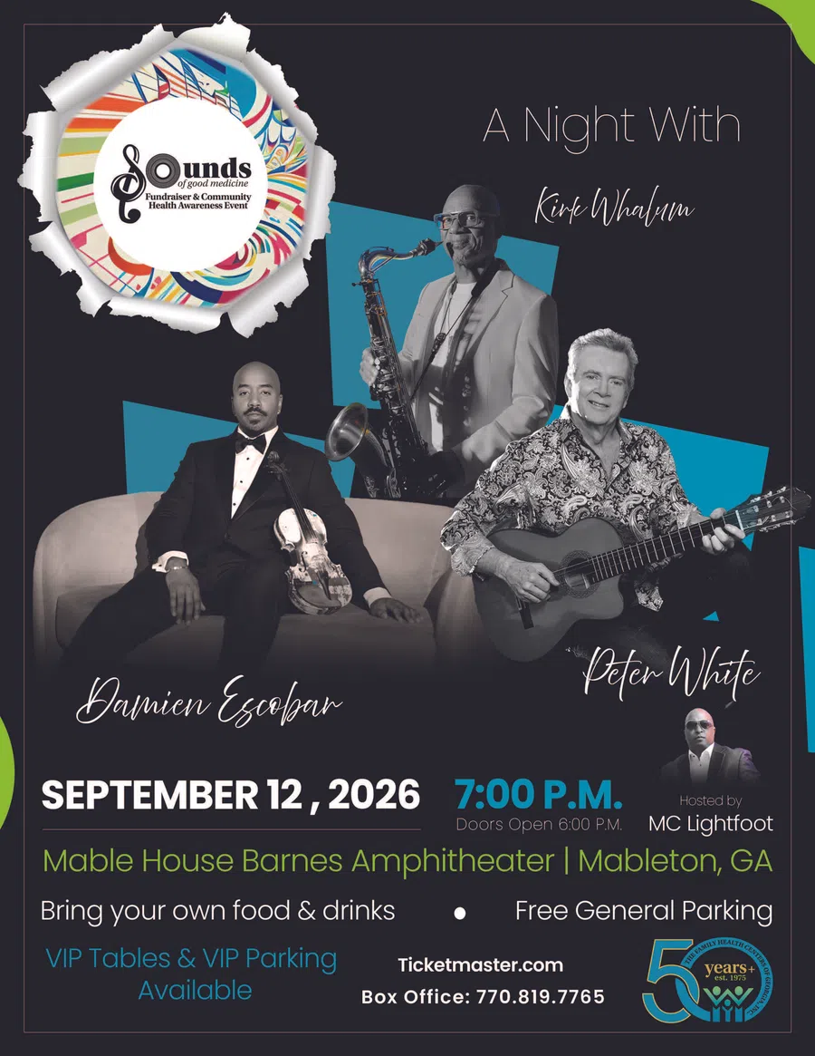 Concert poster for Sounds of Good Medicine fundraiser featuring Damien Escobar, Kirk Whalum, and Peter White on September 12, 2026.