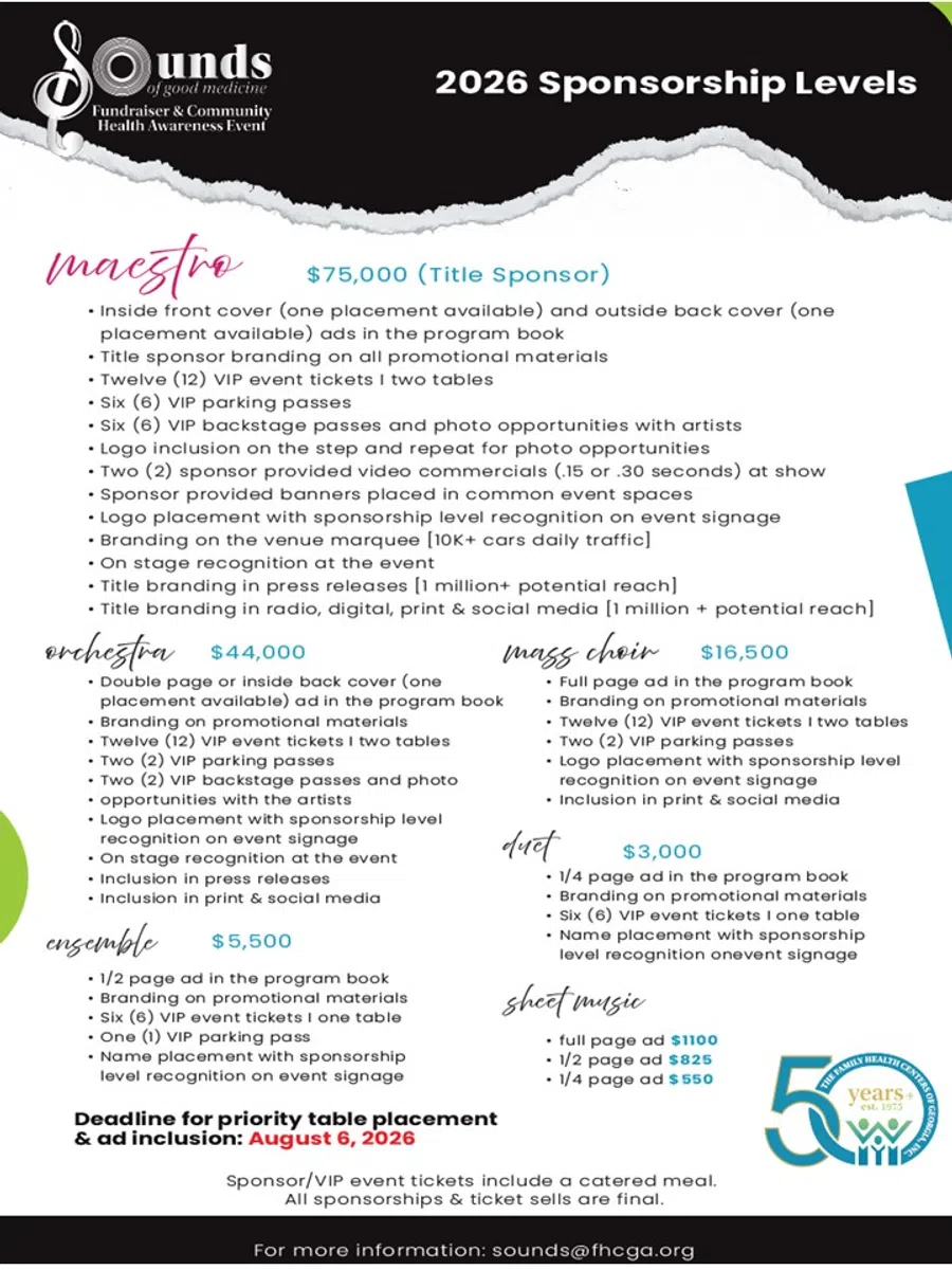 2026 Sounds of Good Medicine event sponsorship levels and benefits with pricing details and deadline info.
