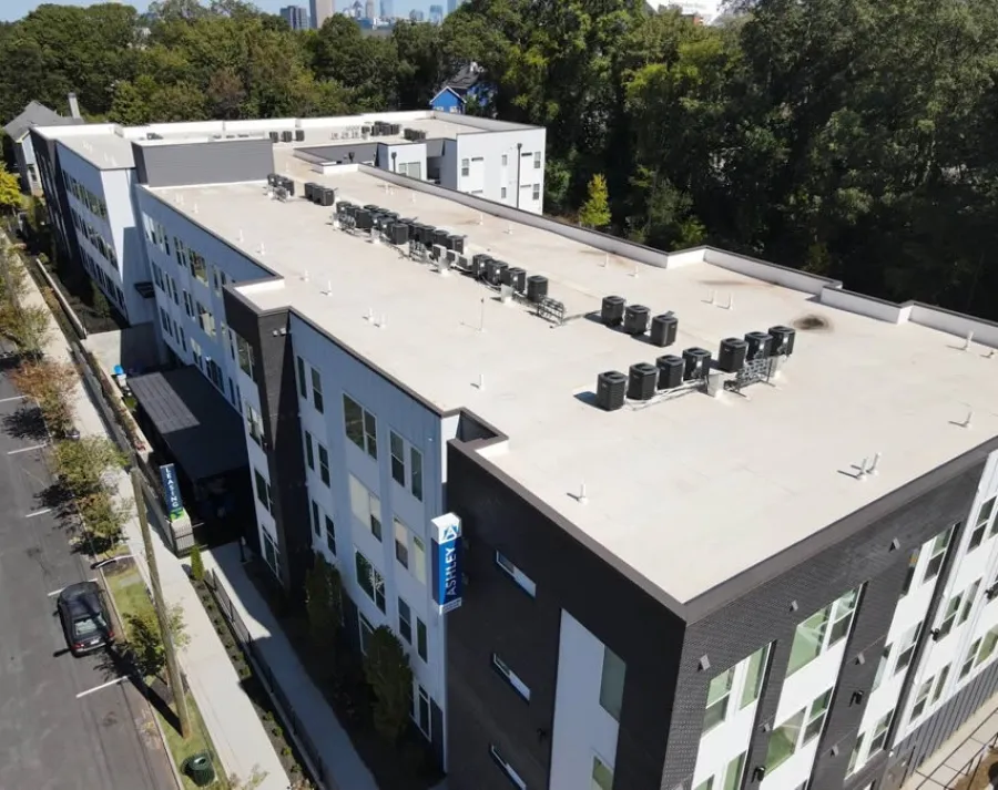 a building with a parking lot