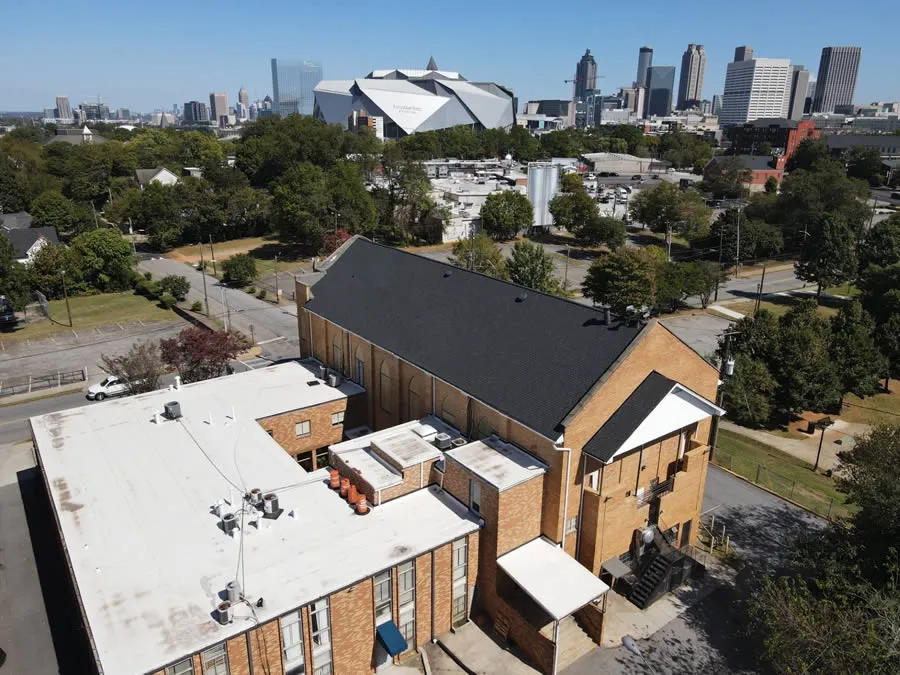 a high angle view of buildings and trees