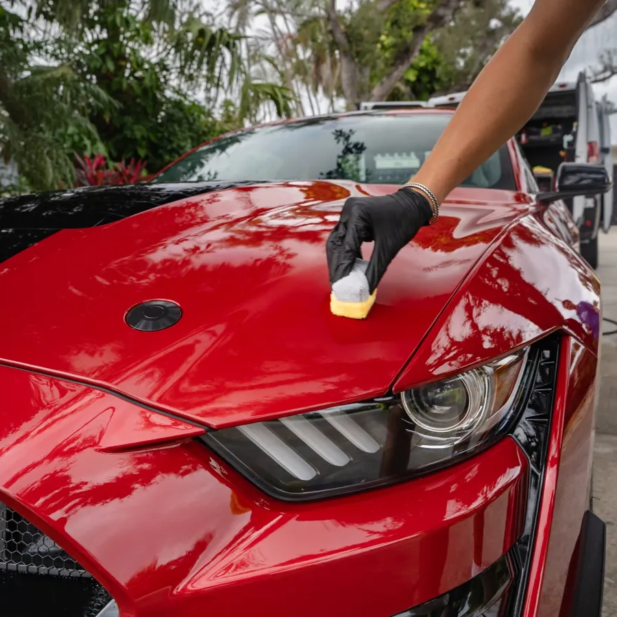 Person polishing the shiny red hood of a sports car with a small applicator sponge and black gloves.