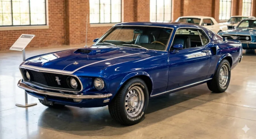Blue 1969 Ford Mustang fastback displayed indoors with chrome details and vintage wheels.