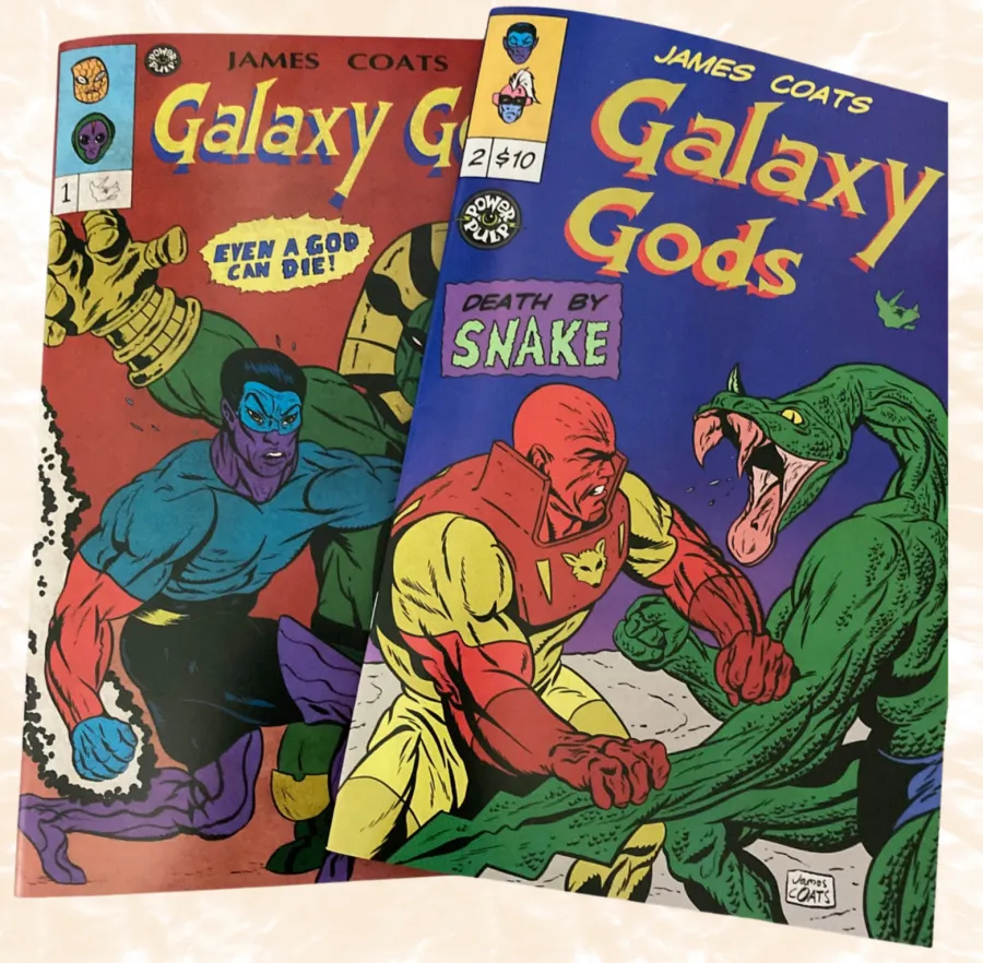 Two comic books titled Galaxy Gods featuring colorful heroes and action scenes with a snake monster on the cover.