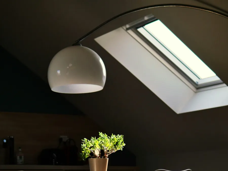 Sunlit modern dining table with potted plant beneath skylight and curved white pendant lamp in cozy room.