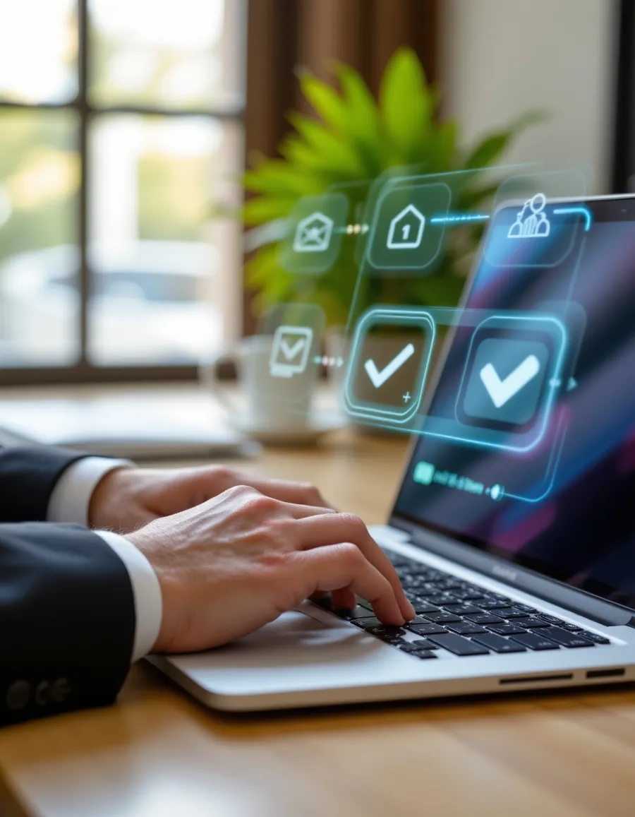 Close-up of hands typing on laptop keyboard with digital checkmark icons and workflow graphics overlay.