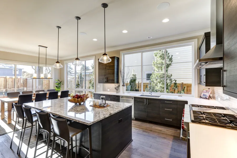 a kitchen with a large island