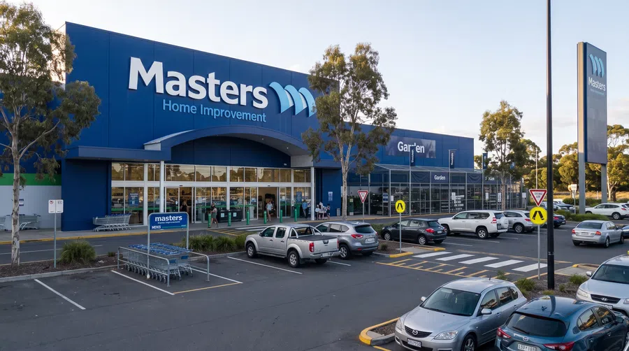 Exterior view of Masters Home Improvement store with parked cars and shopping carts in front during daytime