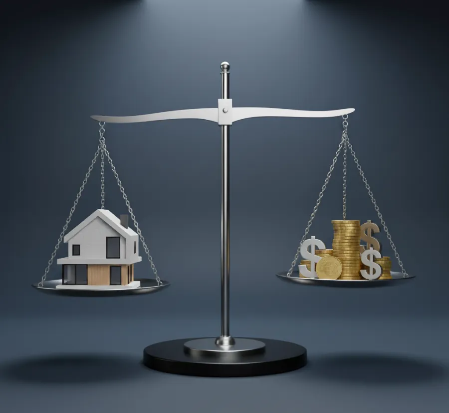 Balanced scales with a house model on one side and gold coins with dollar signs on the other against a dark background.