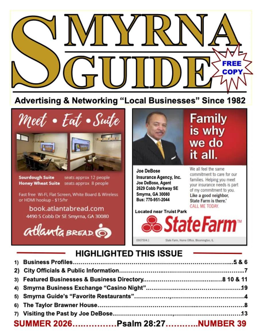 Smyrna Guide cover featuring local business ads, meeting suites, insurance agent, and issue highlights for summer 2026.