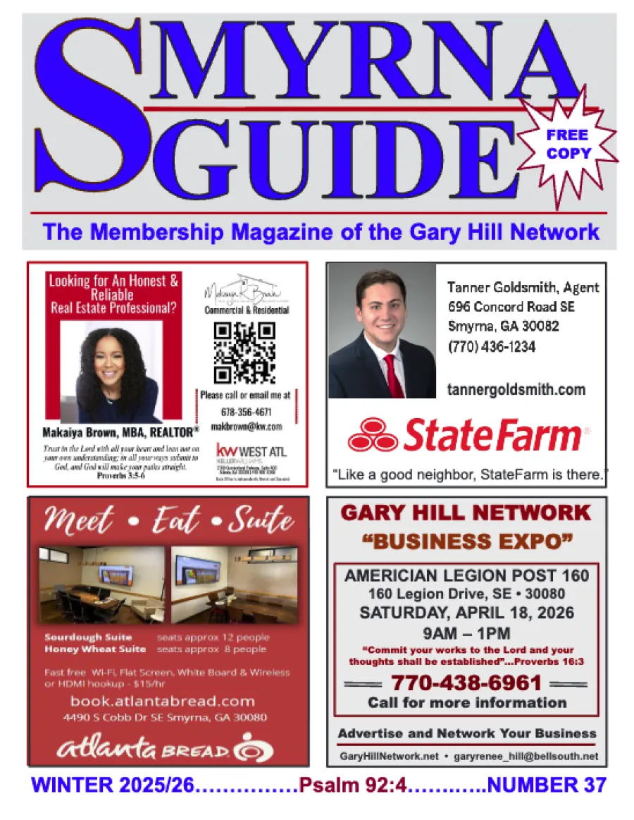 Cover of Smyrna Guide magazine with local business ads including real estate, insurance, meeting suites, and a business expo.
