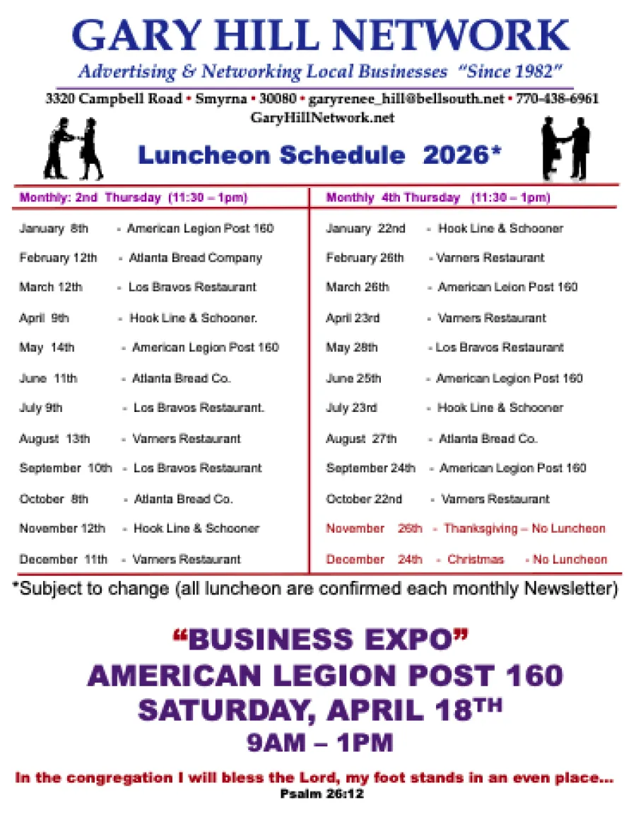 Gary Hill Network 2026 luncheon schedule and business expo details with locations and dates in Smyrna.